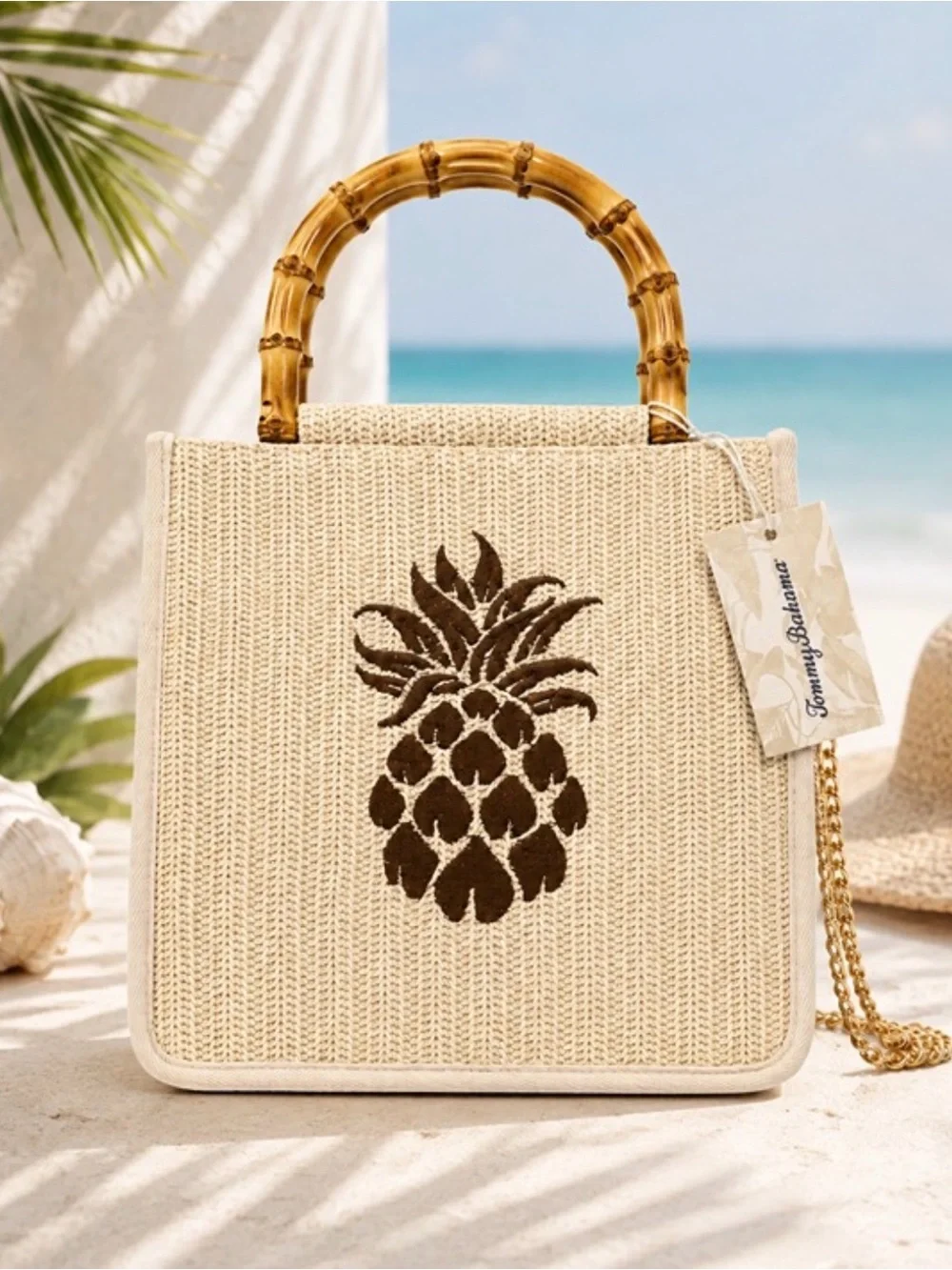 Tommy Bahama Pineapple Straw Bag Bamboo Handle Crossbody NWT